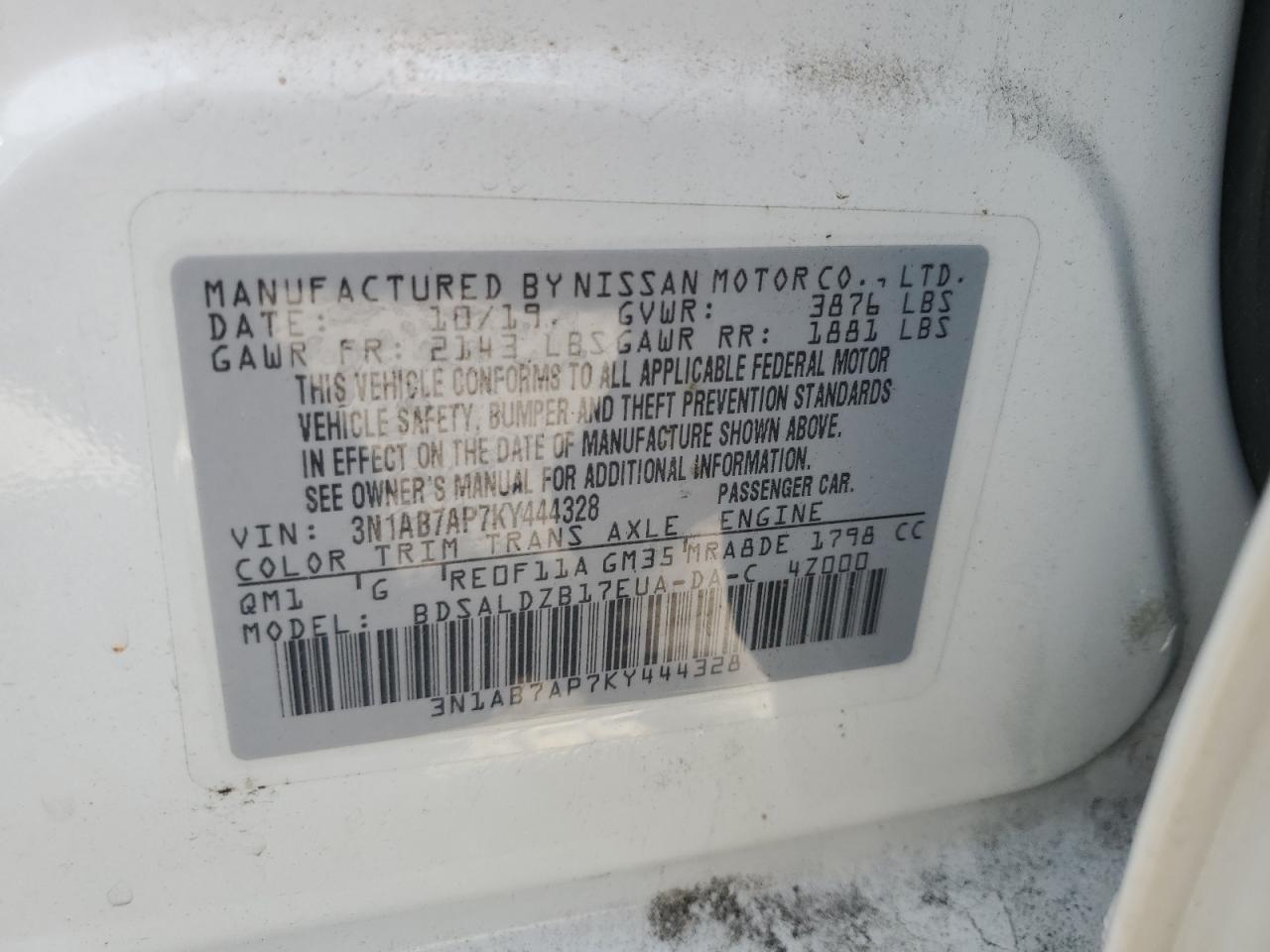 3N1AB7AP7KY444328 2019 Nissan Sentra S