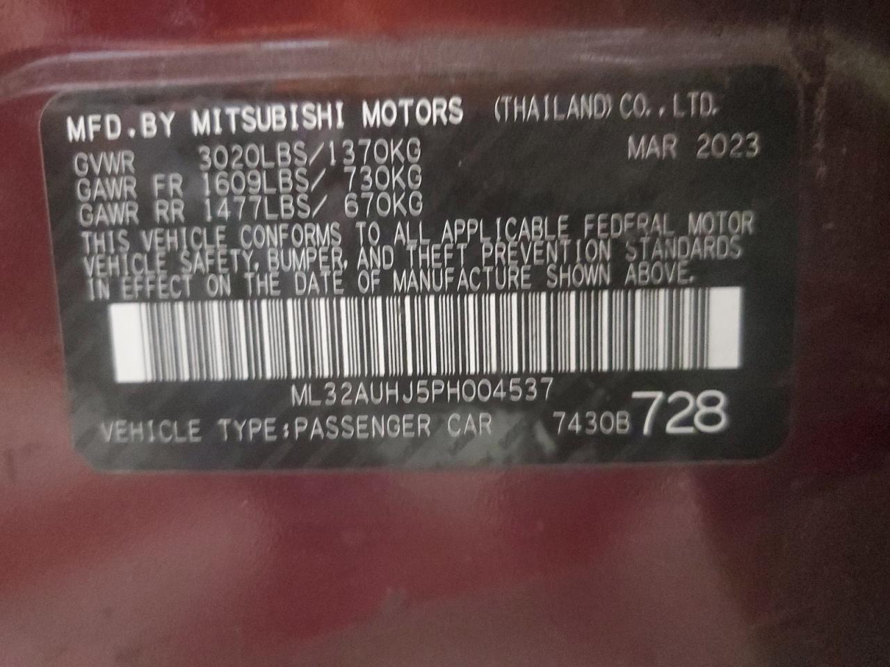 2023 Mitsubishi Mirage Es VIN: ML32AUHJ5PH004537 Lot: 66535124