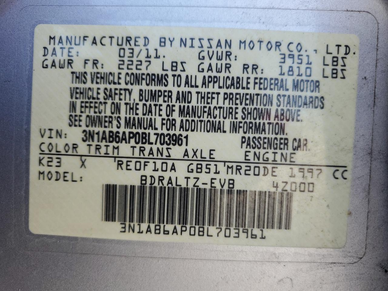 2011 Nissan Sentra 2.0 VIN: 3N1AB6AP0BL703961 Lot: 66024194