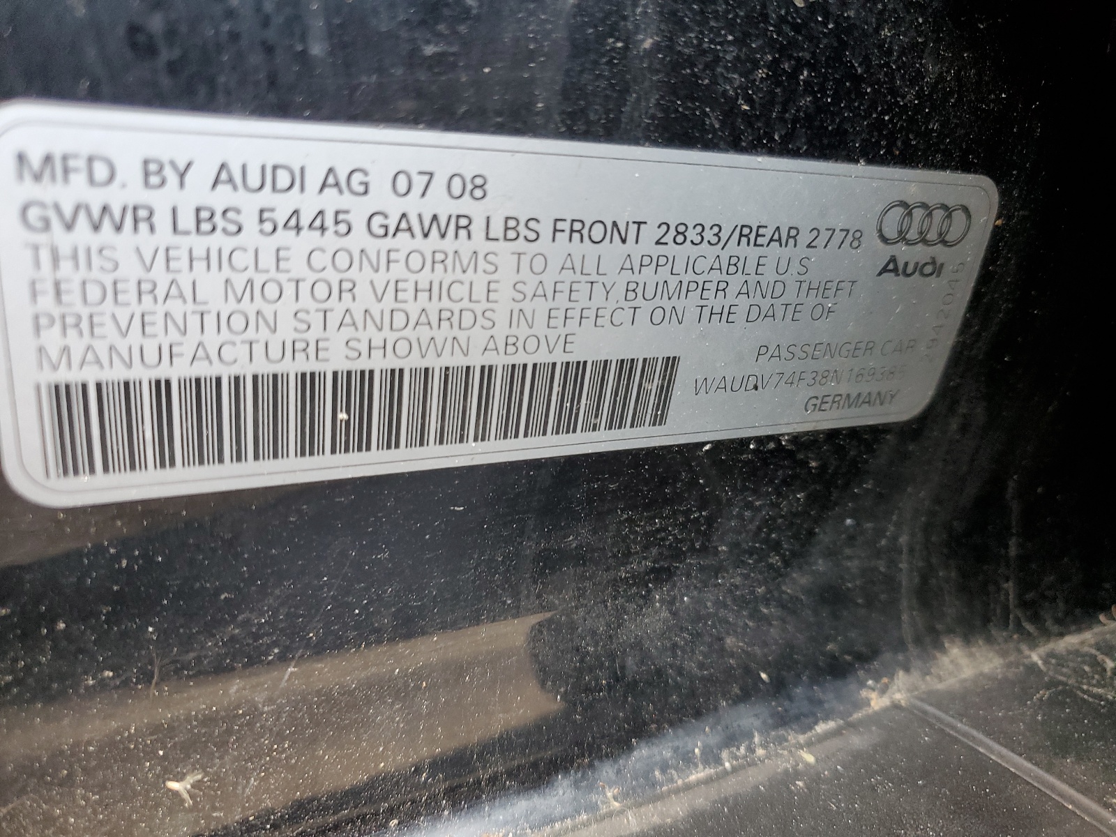 WAUDV74F38N169385 2008 Audi A6 4.2 Quattro