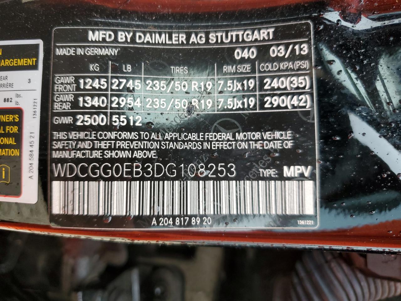 2013 Mercedes-Benz Glk 250 Bluetec VIN: WDCGG0EB3DG108253 Lot: 68771644