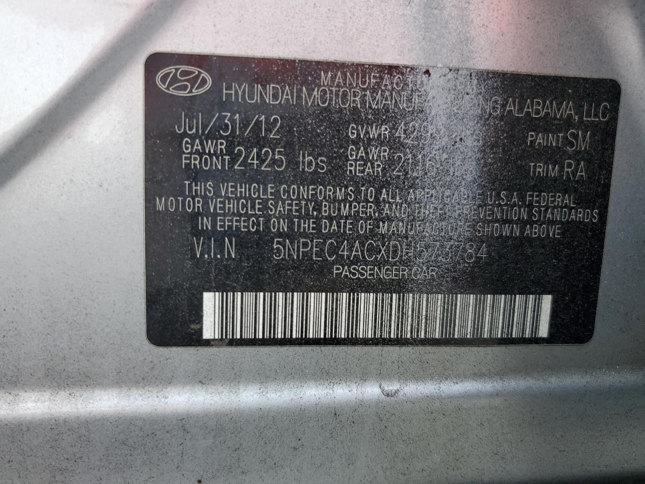 2013 Hyundai Sonata Se VIN: 5NPEC4ACXDH573784 Lot: 66510834