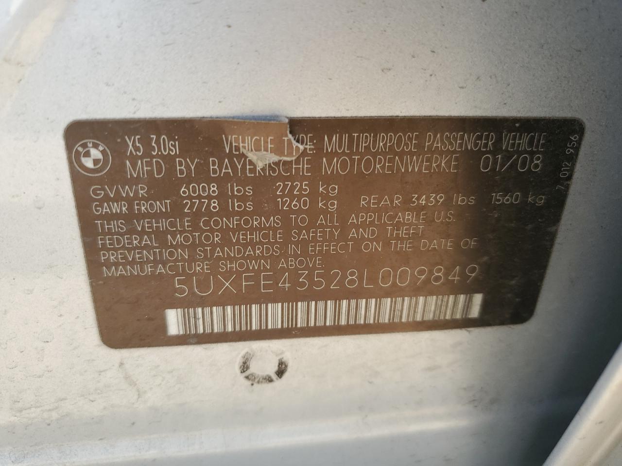 2008 BMW X5 3.0I VIN: 5UXFE43528L009849 Lot: 64609664