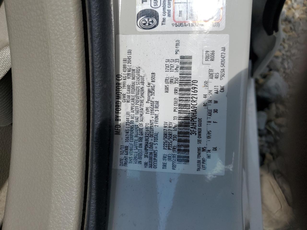 2012 Ford Fusion Se VIN: 3FAHP0HA9CR216970 Lot: 65633494