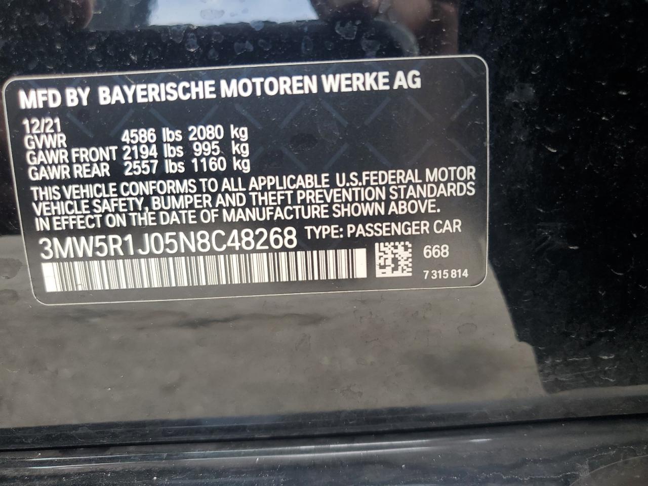 2022 BMW 330I VIN: 3MW5R1J05N8C48268 Lot: 68926064