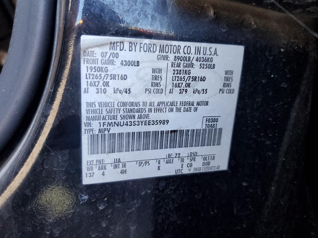 2000 Ford Excursion Limited VIN: 1FMNU43S3YEE35989 Lot: 66553434