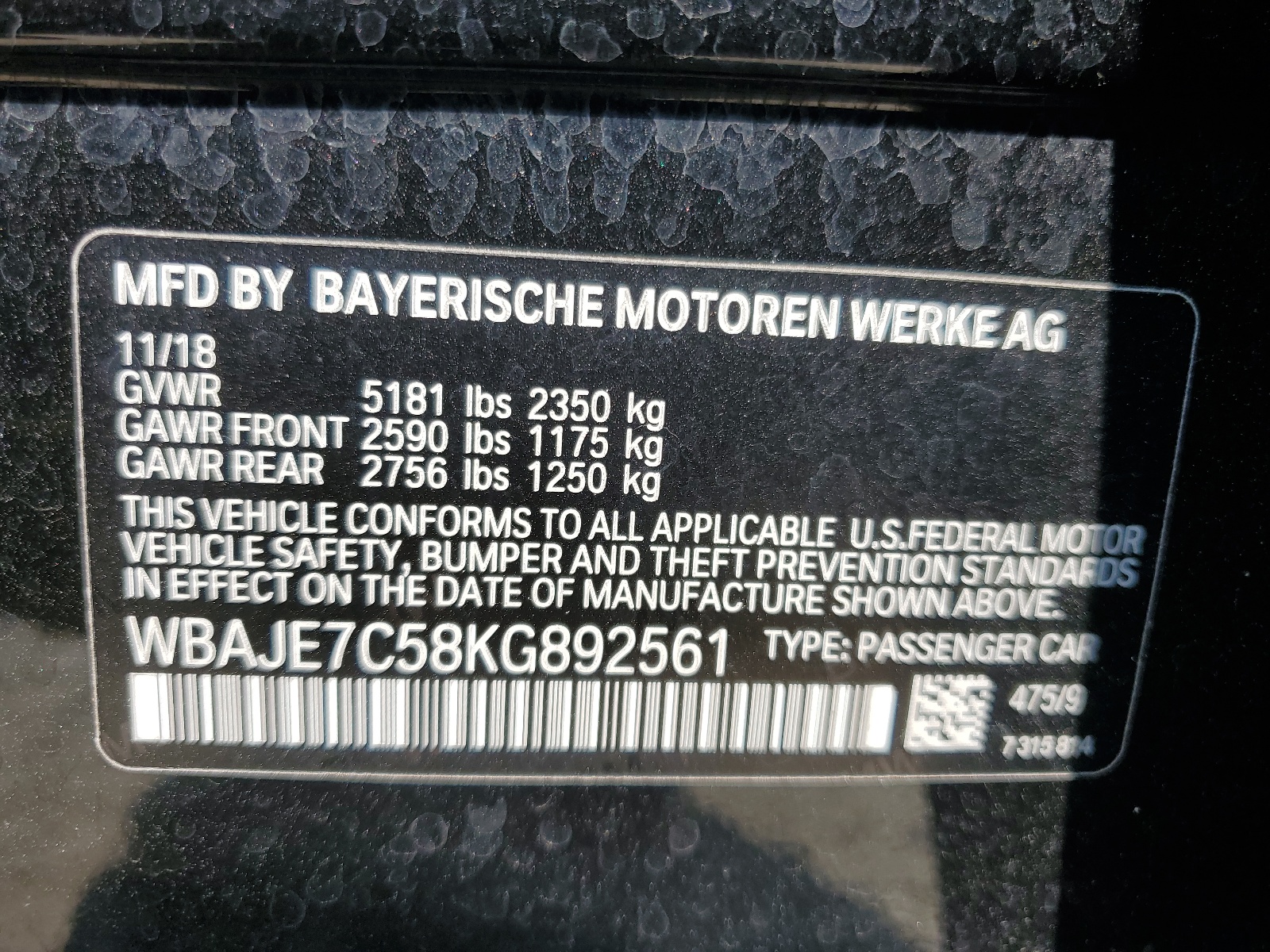 WBAJE7C58KG892561 2019 BMW 540 Xi