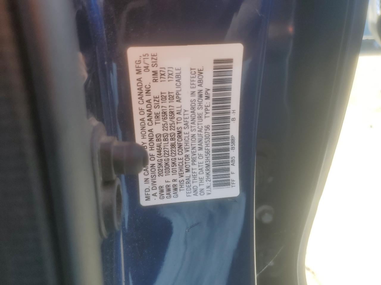 2015 Honda Cr-V Ex VIN: 2HKRM3H56FH530756 Lot: 67318214