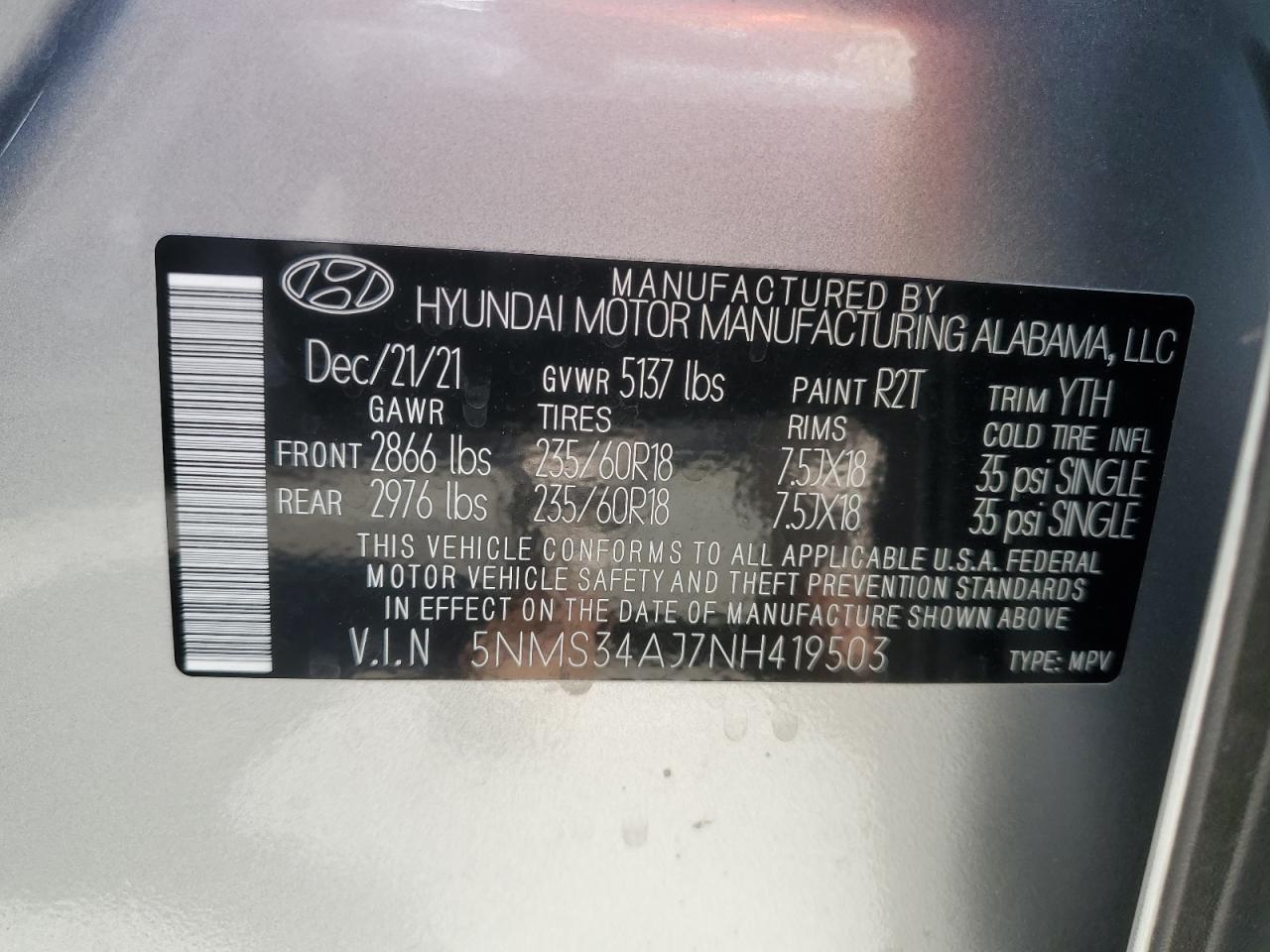 2022 Hyundai Santa Fe Sel VIN: 5NMS34AJ7NH419503 Lot: 66816134