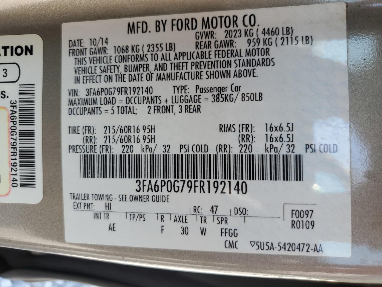 3FA6P0G79FR192140 2015 Ford Fusion S