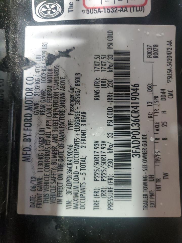 2012 Ford Fusion Hybrid VIN: 3FADP0L36CR419046 Lot: 61726114