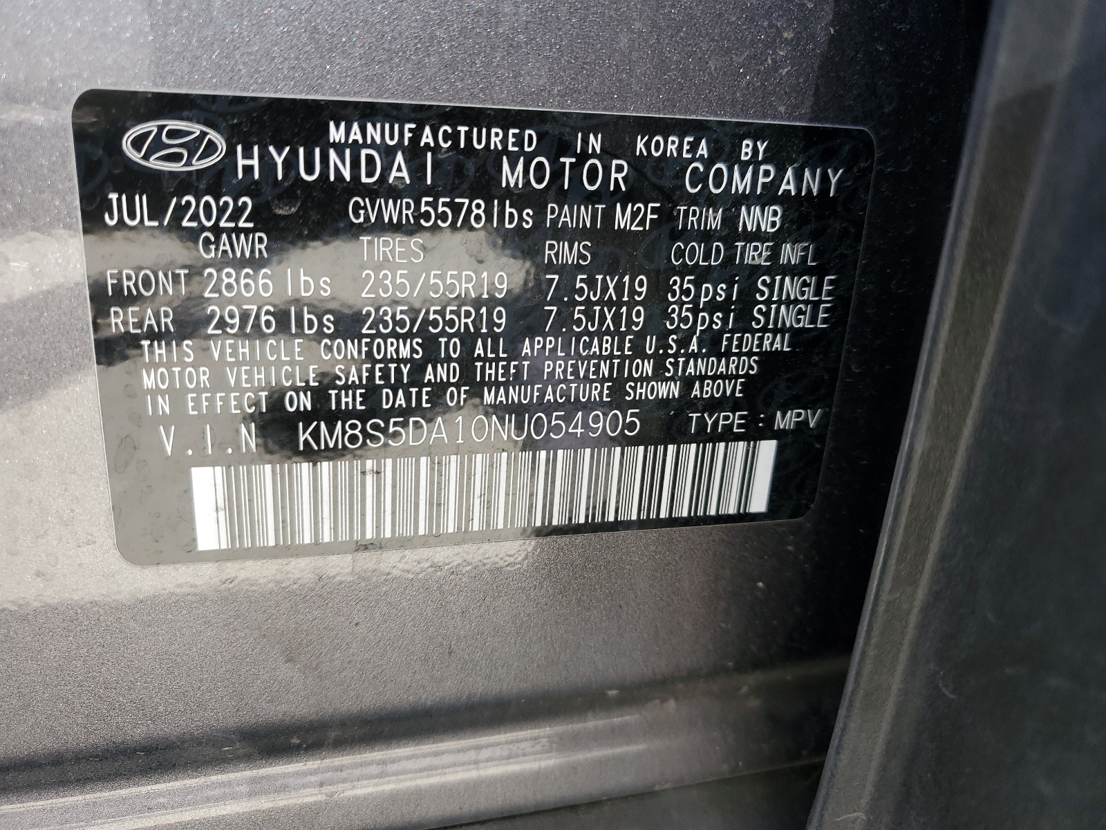 KM8S5DA10NU054905 2022 Hyundai Santa Fe Limited