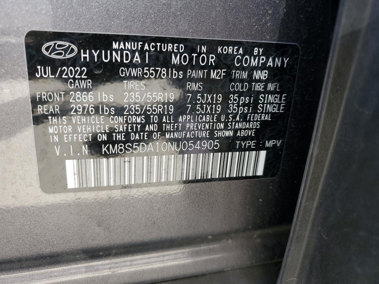 2022 Hyundai Santa Fe Limited VIN: KM8S5DA10NU054905 Lot: 67409854