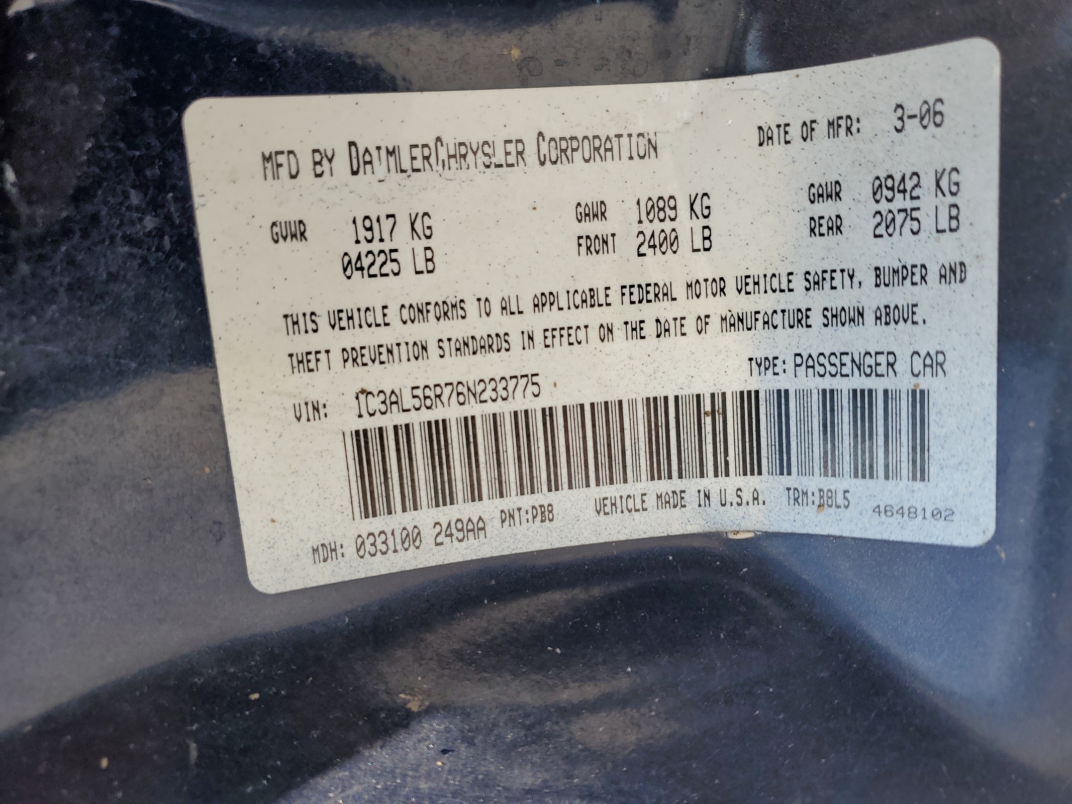 1C3AL56R76N233775 2006 Chrysler Sebring Touring