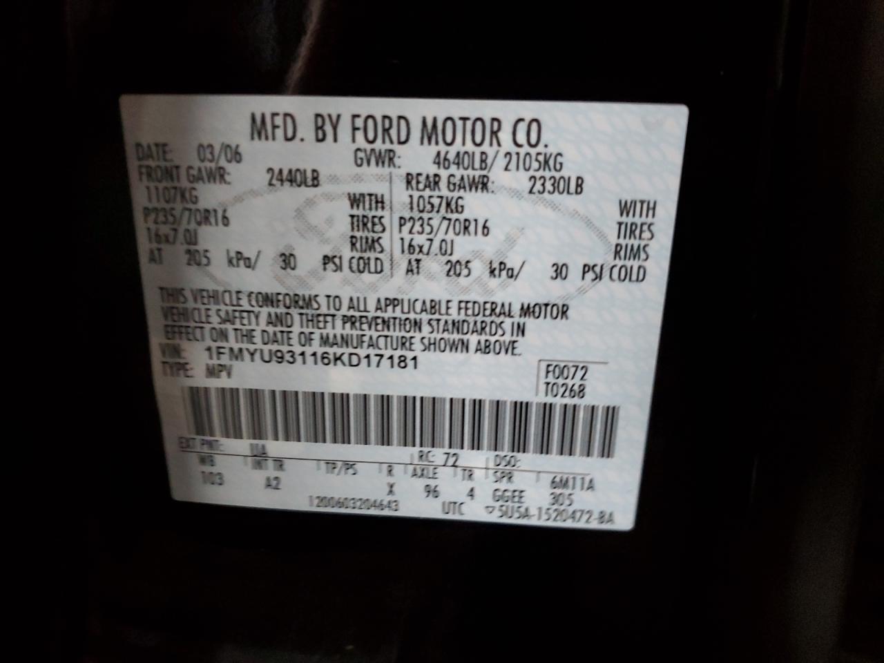 2006 Ford Escape Xlt VIN: 1FMYU93116KD17181 Lot: 66418544