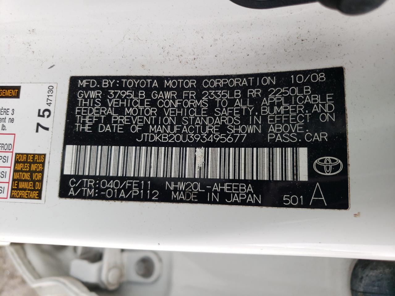 JTDKB20U393495677 2009 Toyota Prius