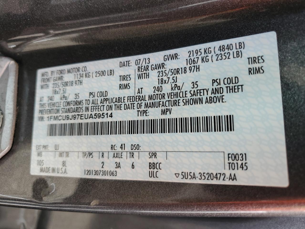 2014 Ford Escape Titanium VIN: 1FMCU9J97EUA59514 Lot: 65809354