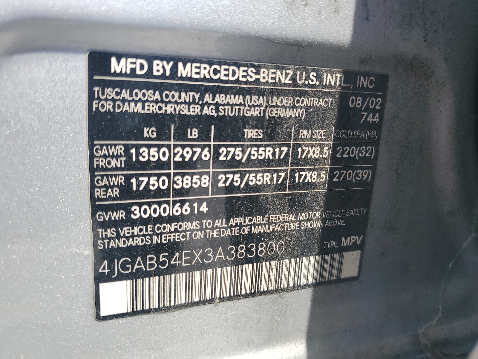 4JGAB54EX3A383800 2003 Mercedes-Benz Ml 320