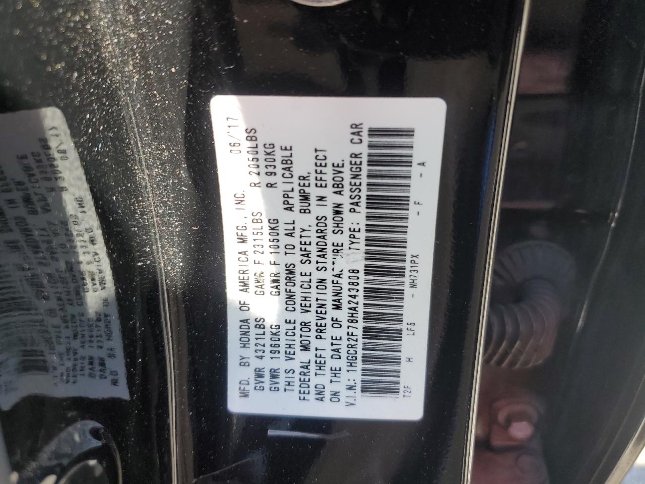 1HGCR2F78HA243808 2017 Honda Accord Ex