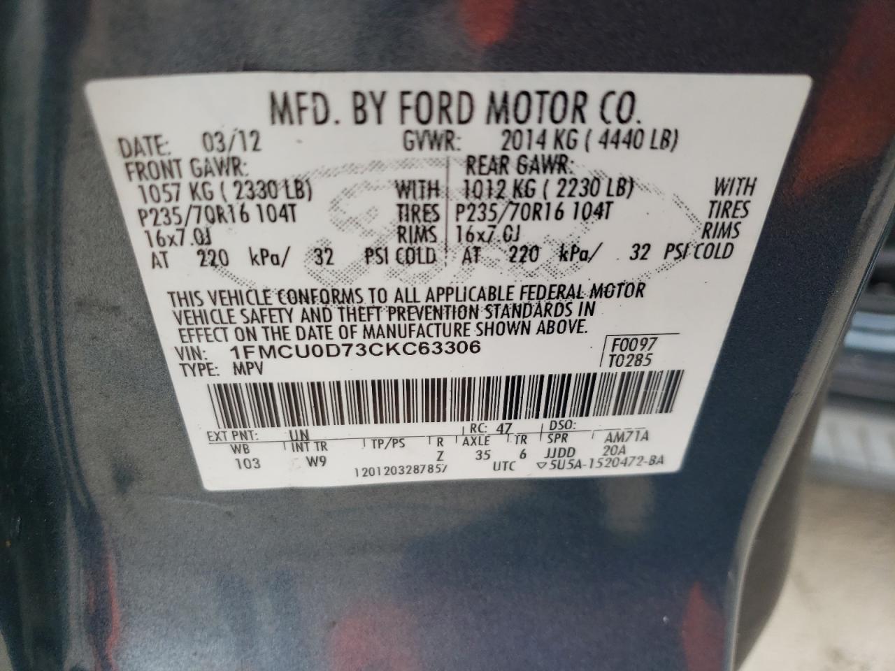 1FMCU0D73CKC63306 2012 Ford Escape Xlt