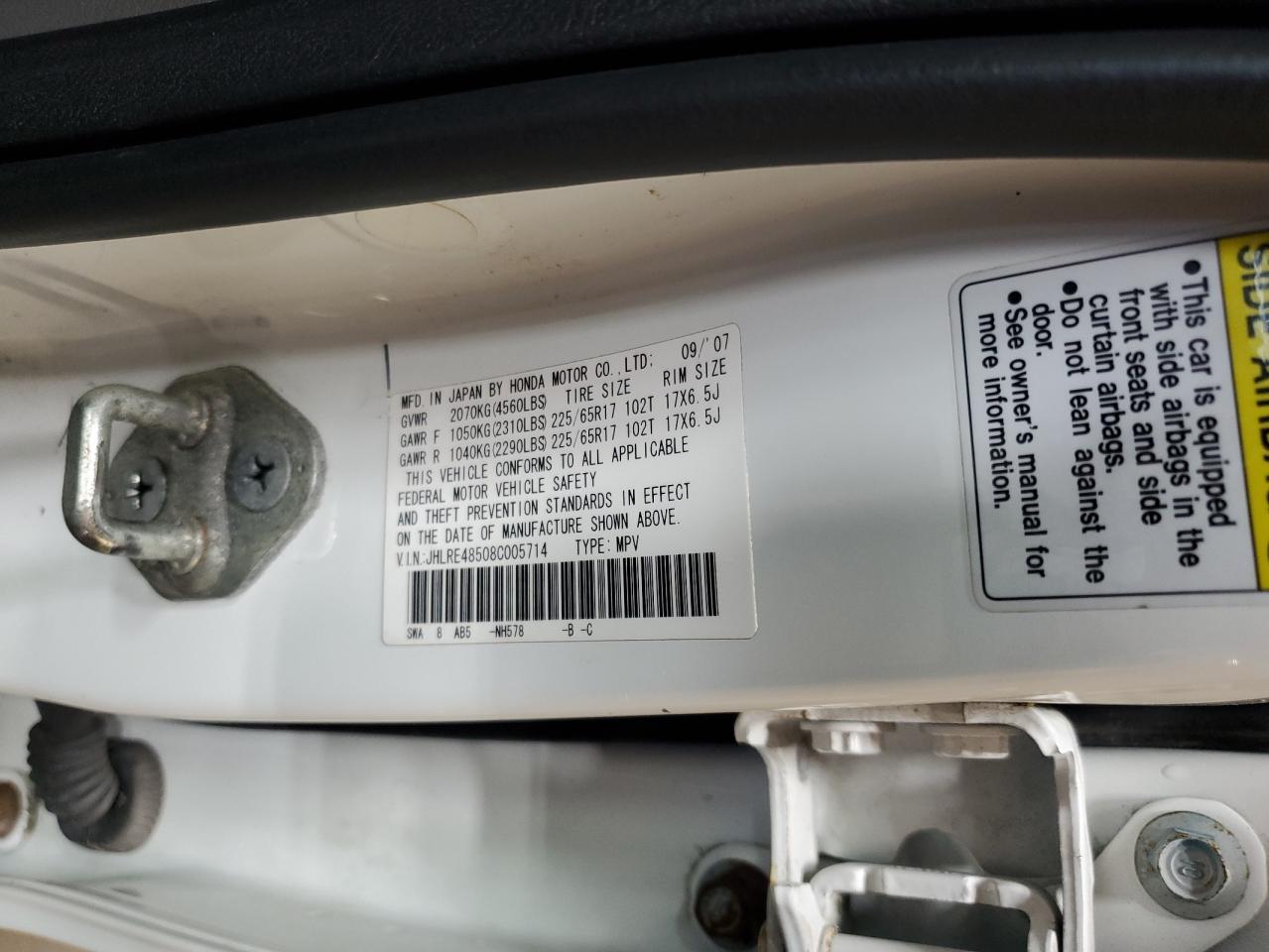 2008 Honda Cr-V Ex VIN: JHLRE48508C005714 Lot: 67648204