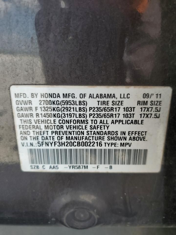 2012 Honda Pilot Lx VIN: 5FNYF3H20CB002216 Lot: 65326254