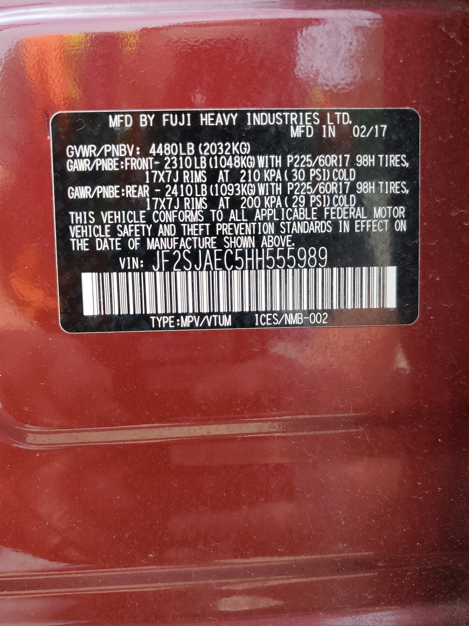 JF2SJAEC5HH555989 2017 Subaru Forester 2.5I Premium