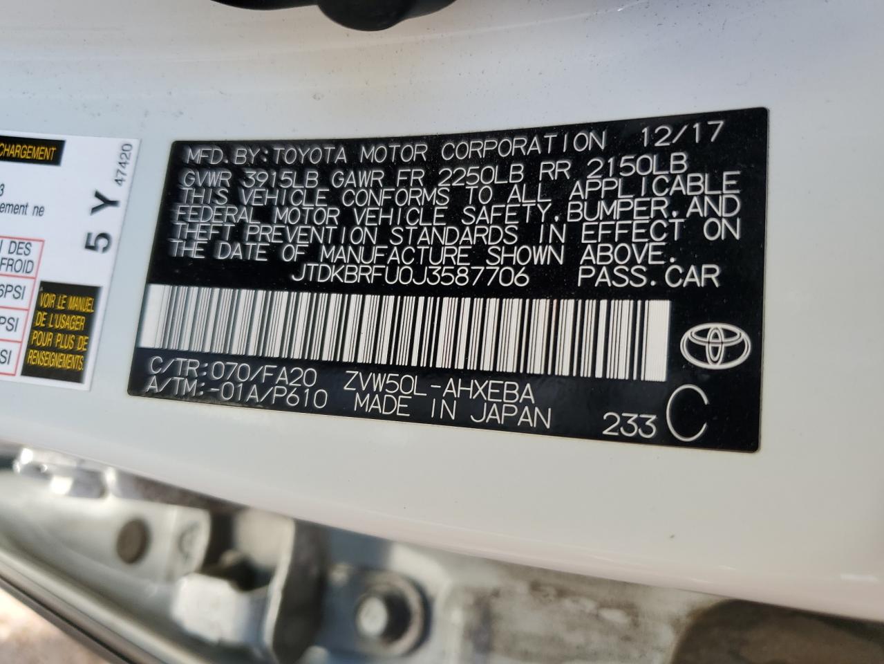 2018 Toyota Prius VIN: JTDKBRFU0J3587706 Lot: 66213554