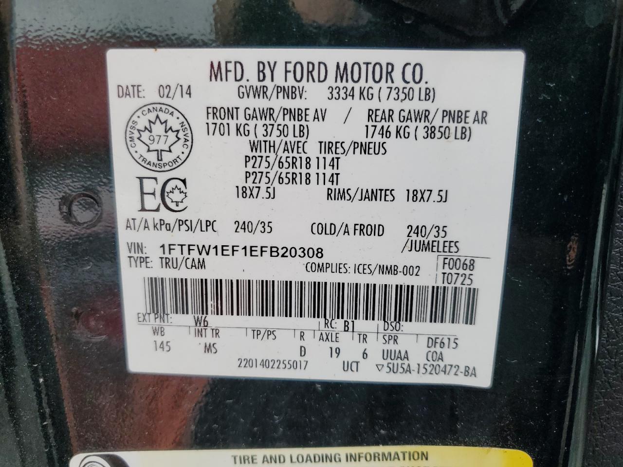 2014 Ford F150 Supercrew VIN: 1FTFW1EF1EFB20308 Lot: 65626824