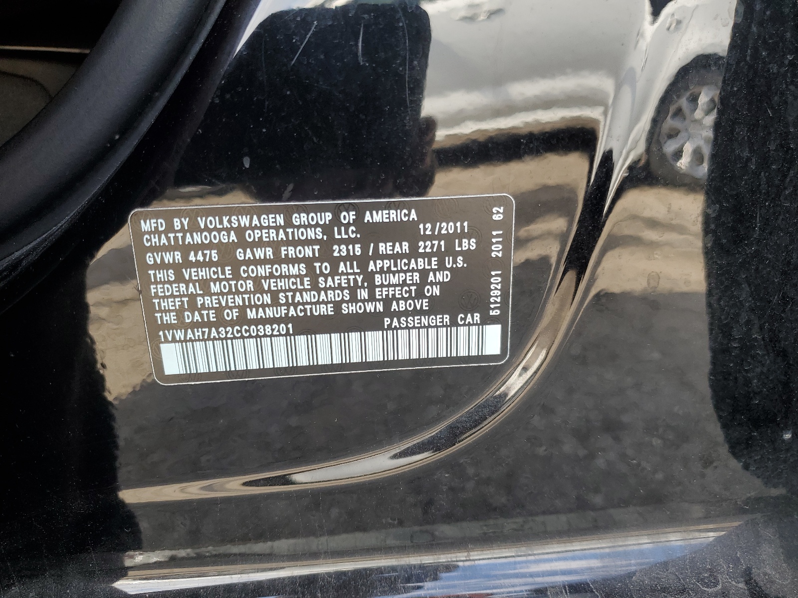 1VWAH7A32CC038201 2012 Volkswagen Passat S