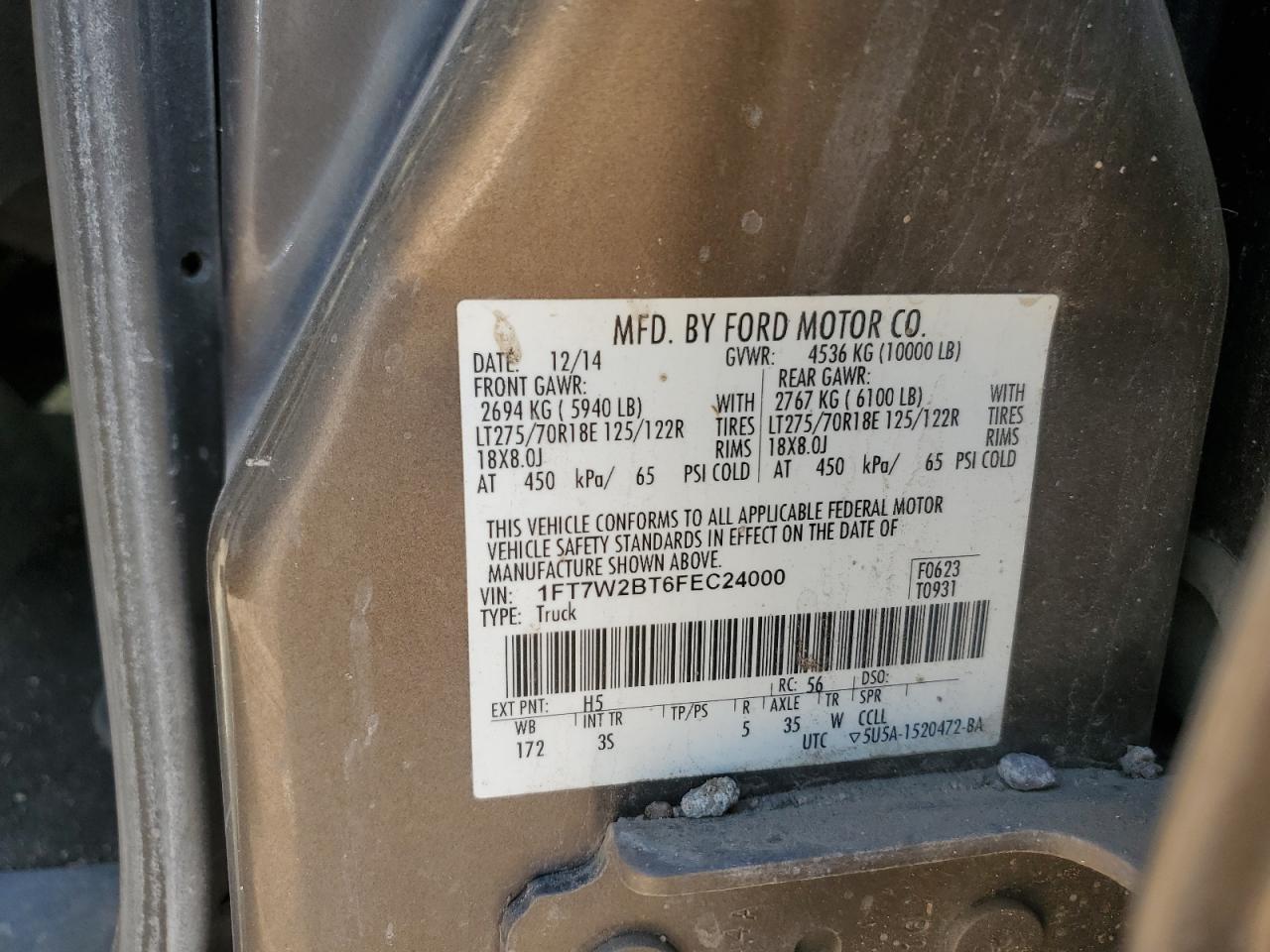 1FT7W2BT6FEC24000 2015 Ford F250 Super Duty