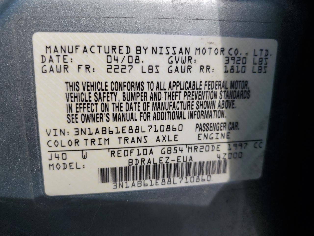 3N1AB61E88L710860 2008 Nissan Sentra 2.0