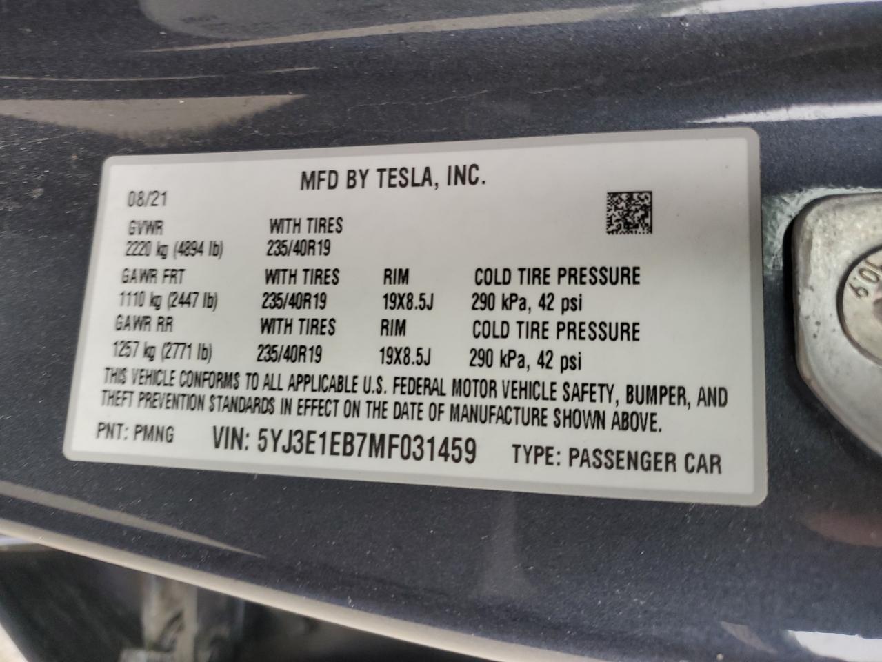 5YJ3E1EB7MF031459 2021 Tesla Model 3