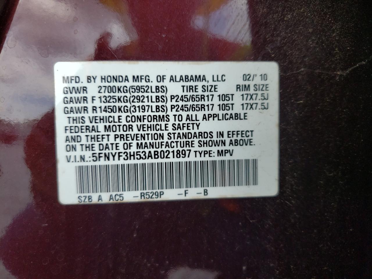 2010 Honda Pilot Exl VIN: 5FNYF3H53AB021897 Lot: 65937924