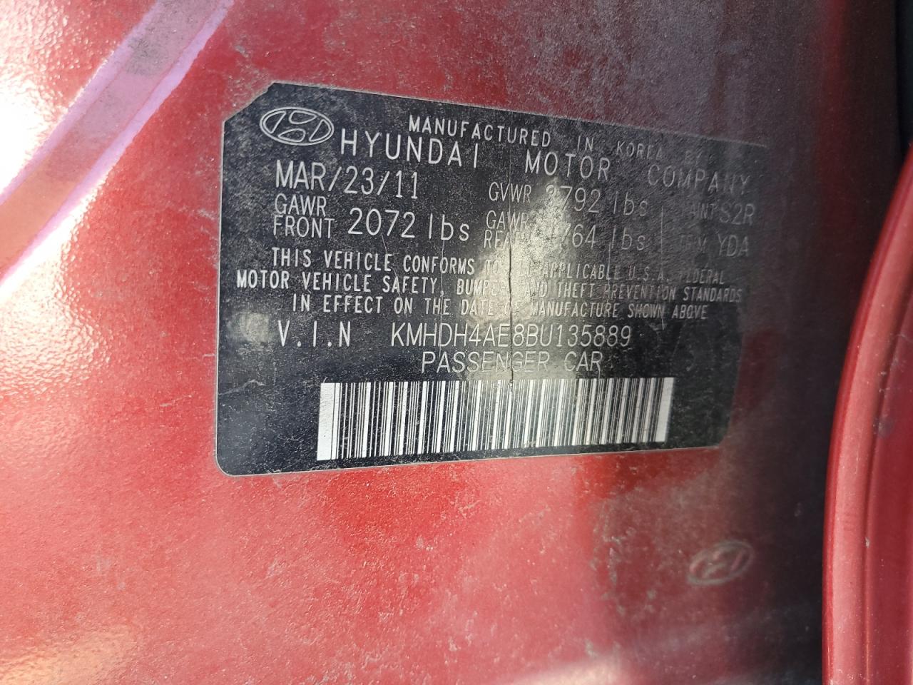 2011 Hyundai Elantra Gls VIN: KMHDH4AE8BU135889 Lot: 67927294