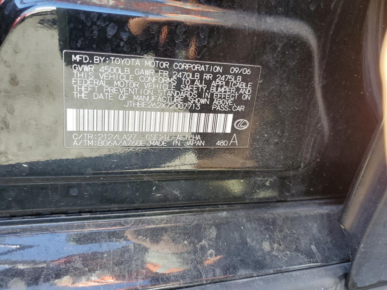 2007 Lexus Is 350 VIN: JTHBE262X72007713 Lot: 64440454