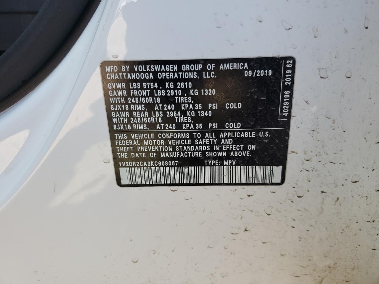 1V2DR2CA3KC608067 2019 Volkswagen Atlas Se