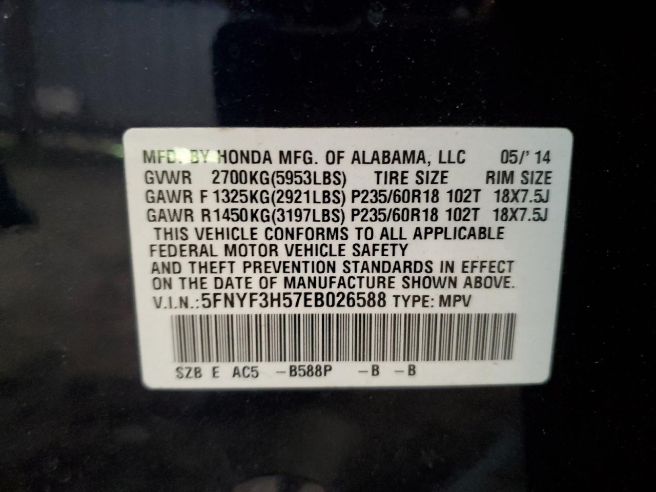 5FNYF3H57EB026588 2014 Honda Pilot Exl