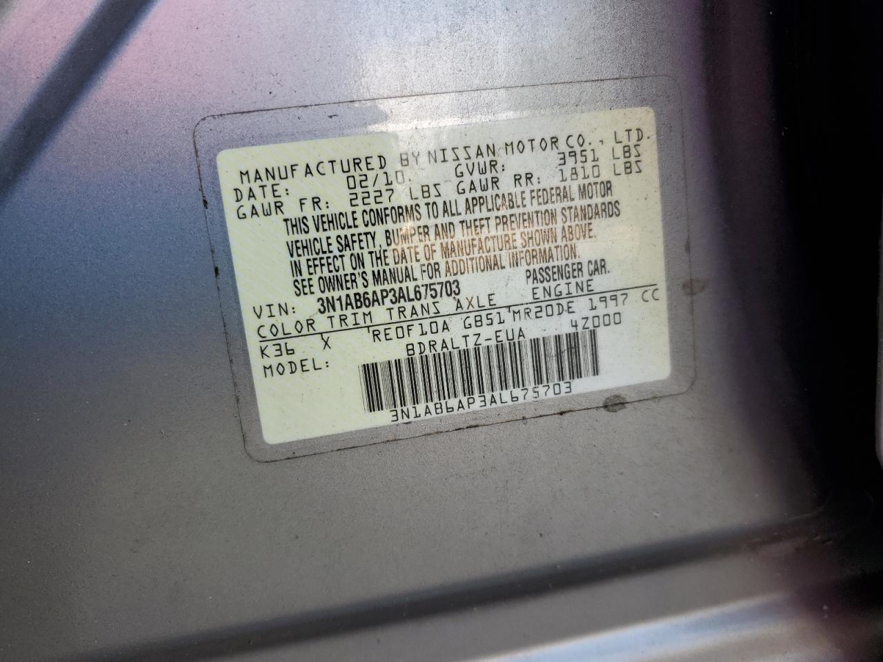 2010 Nissan Sentra 2.0 VIN: 3N1AB6AP3AL675703 Lot: 65904174