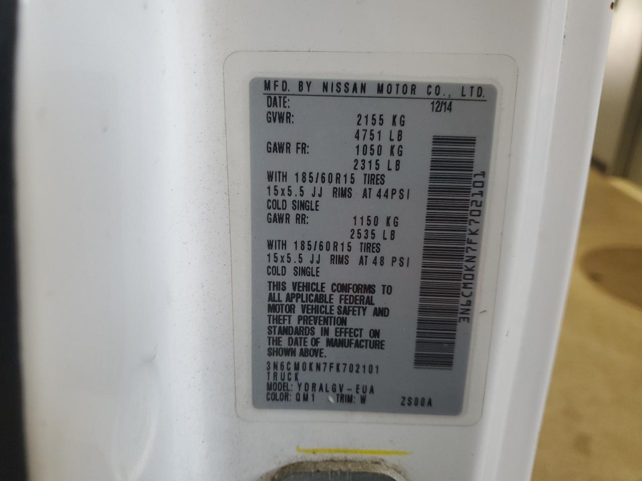 2015 Nissan Nv200 2.5S VIN: 3N6CM0KN7FK702101 Lot: 68618764