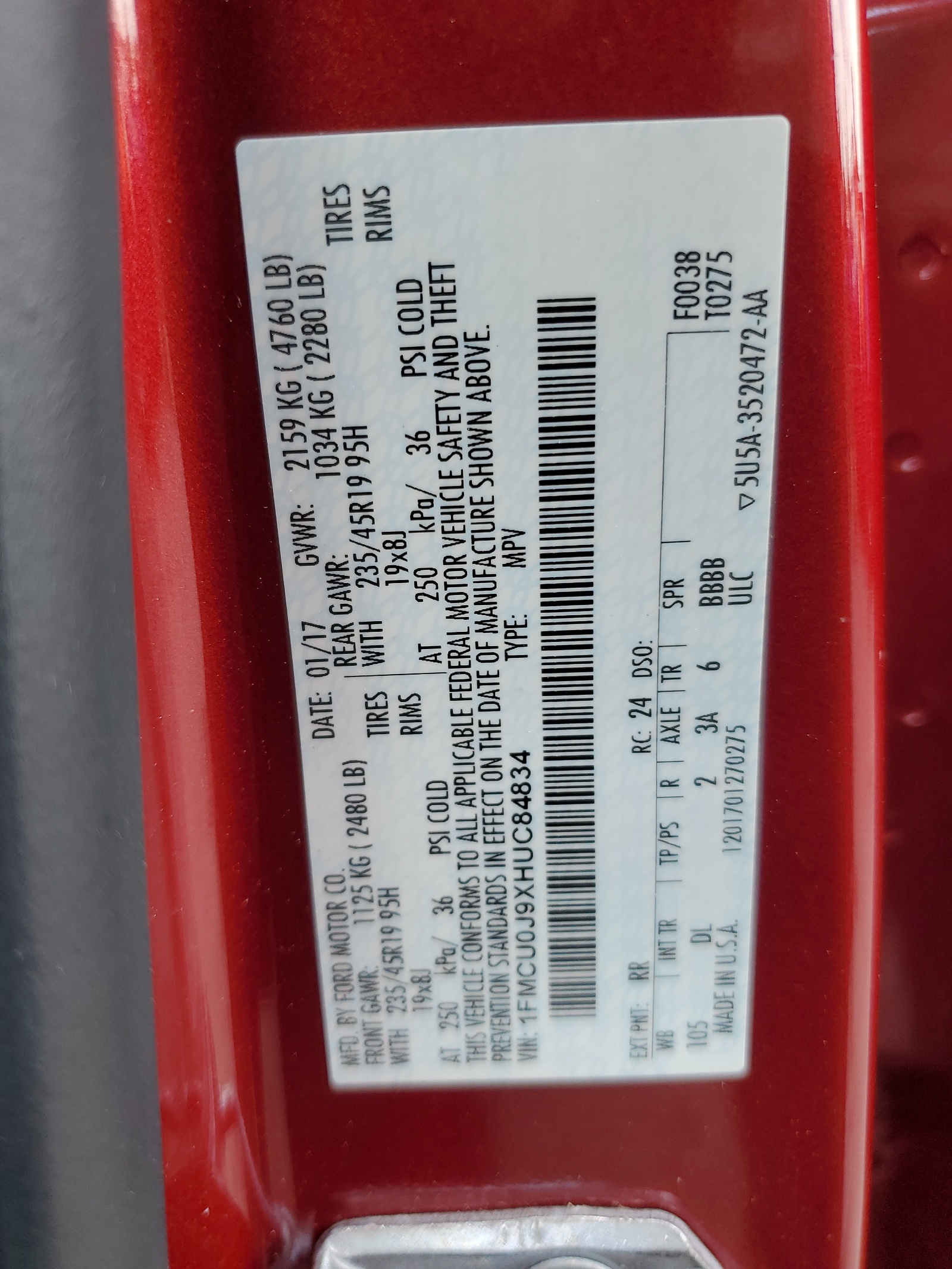 1FMCU0J9XHUC84834 2017 Ford Escape Titanium