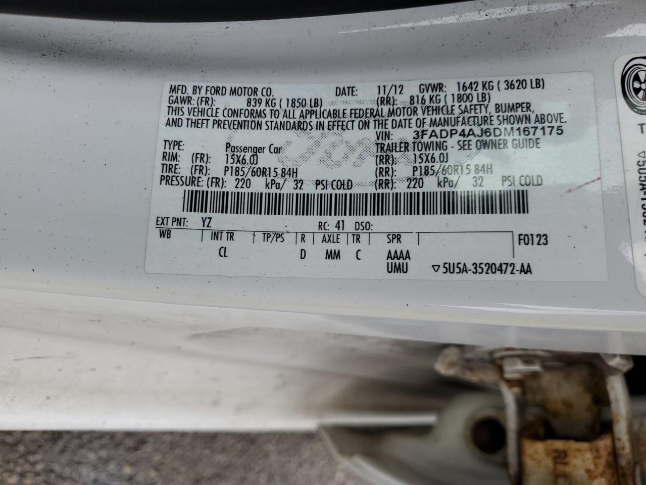 2013 Ford Fiesta S VIN: 3FADP4AJ6DM167175 Lot: 67548784