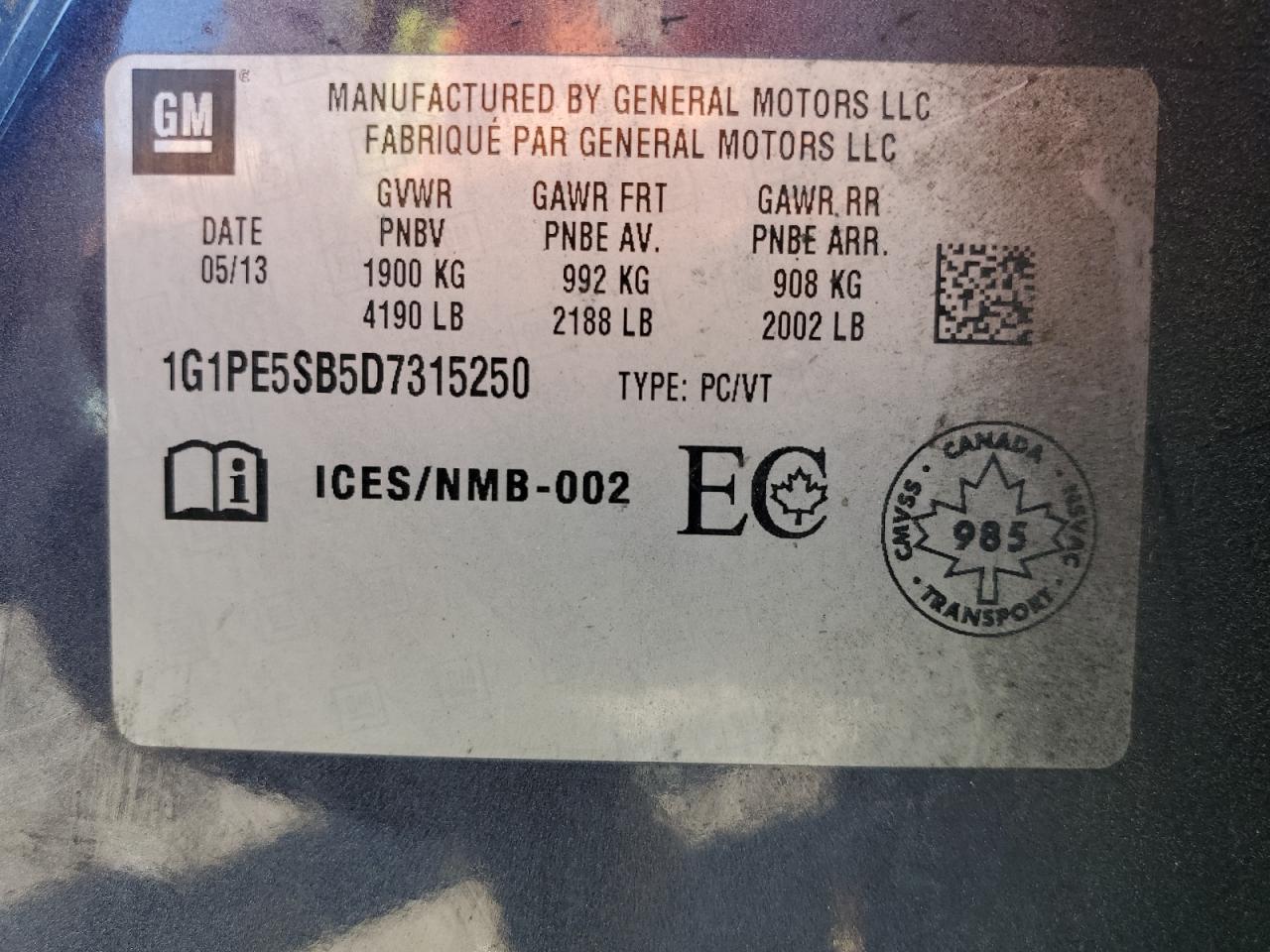 2013 Chevrolet Cruze Lt VIN: 1G1PE5SB5D7315250 Lot: 60907955