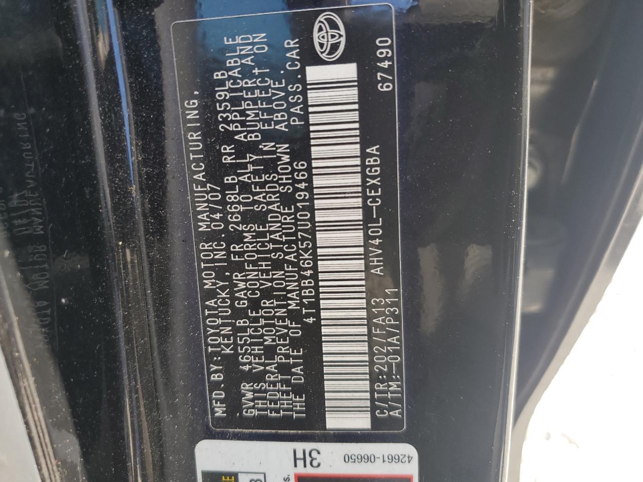 4T1BB46K57U019466 2007 Toyota Camry Hybrid