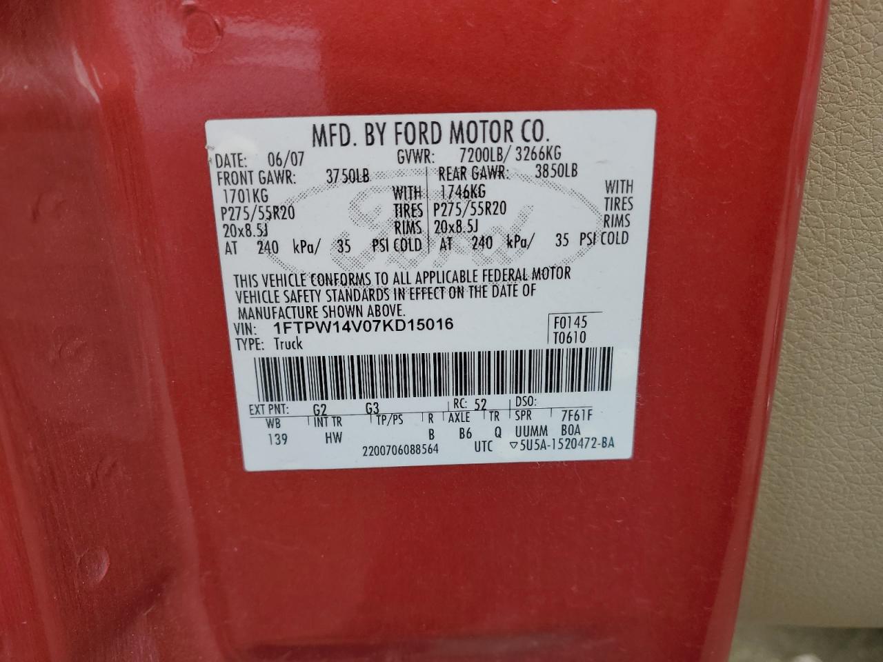 2007 Ford F150 Supercrew VIN: 1FTPW14V07KD15016 Lot: 66012014