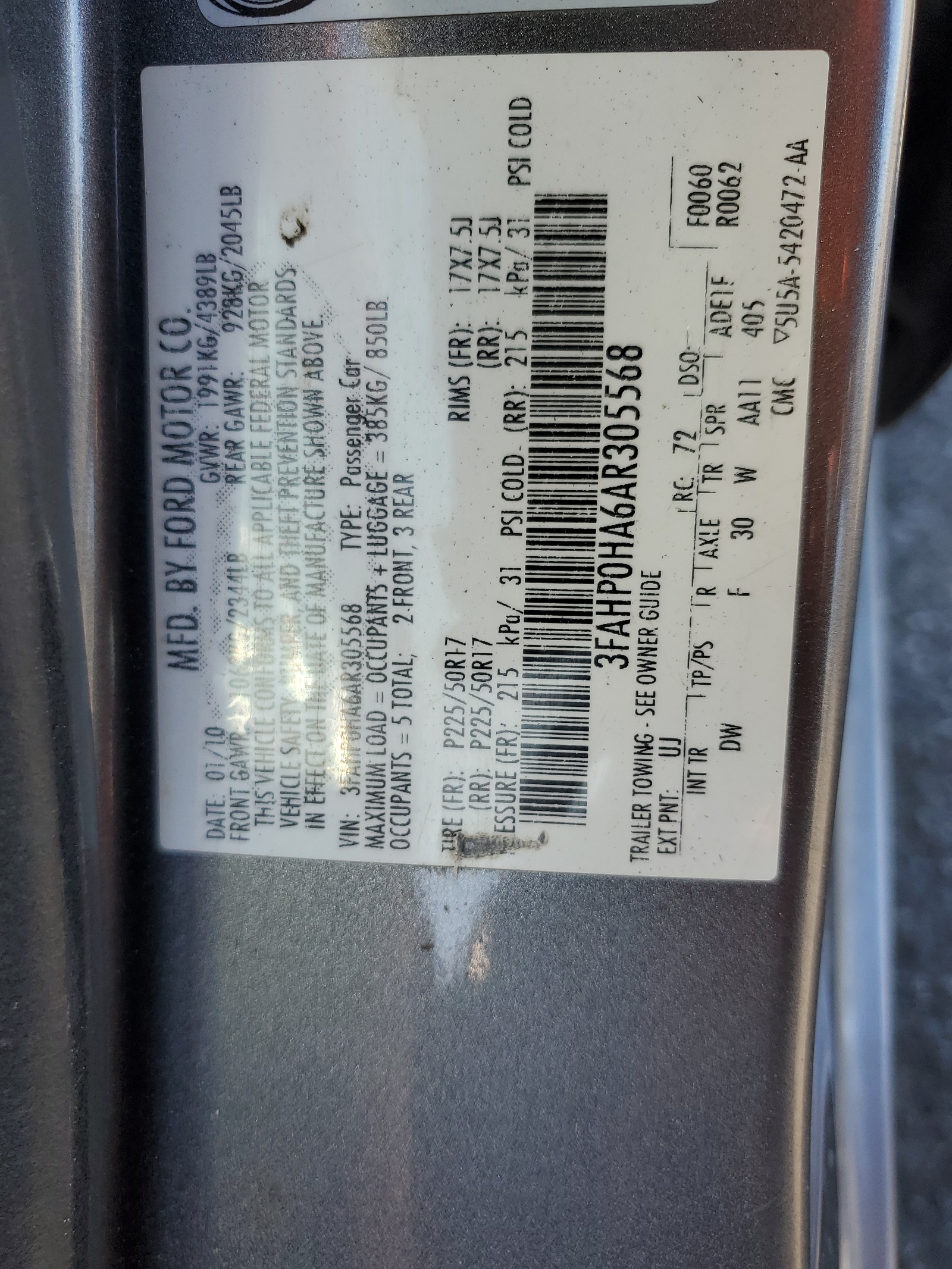 3FAHP0HA6AR305568 2010 Ford Fusion Se