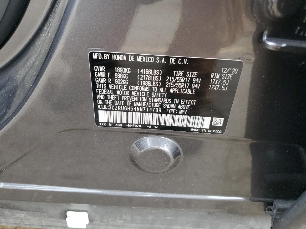 2021 Honda Hr-V Ex VIN: 3CZRU6H54MM714788 Lot: 61995444