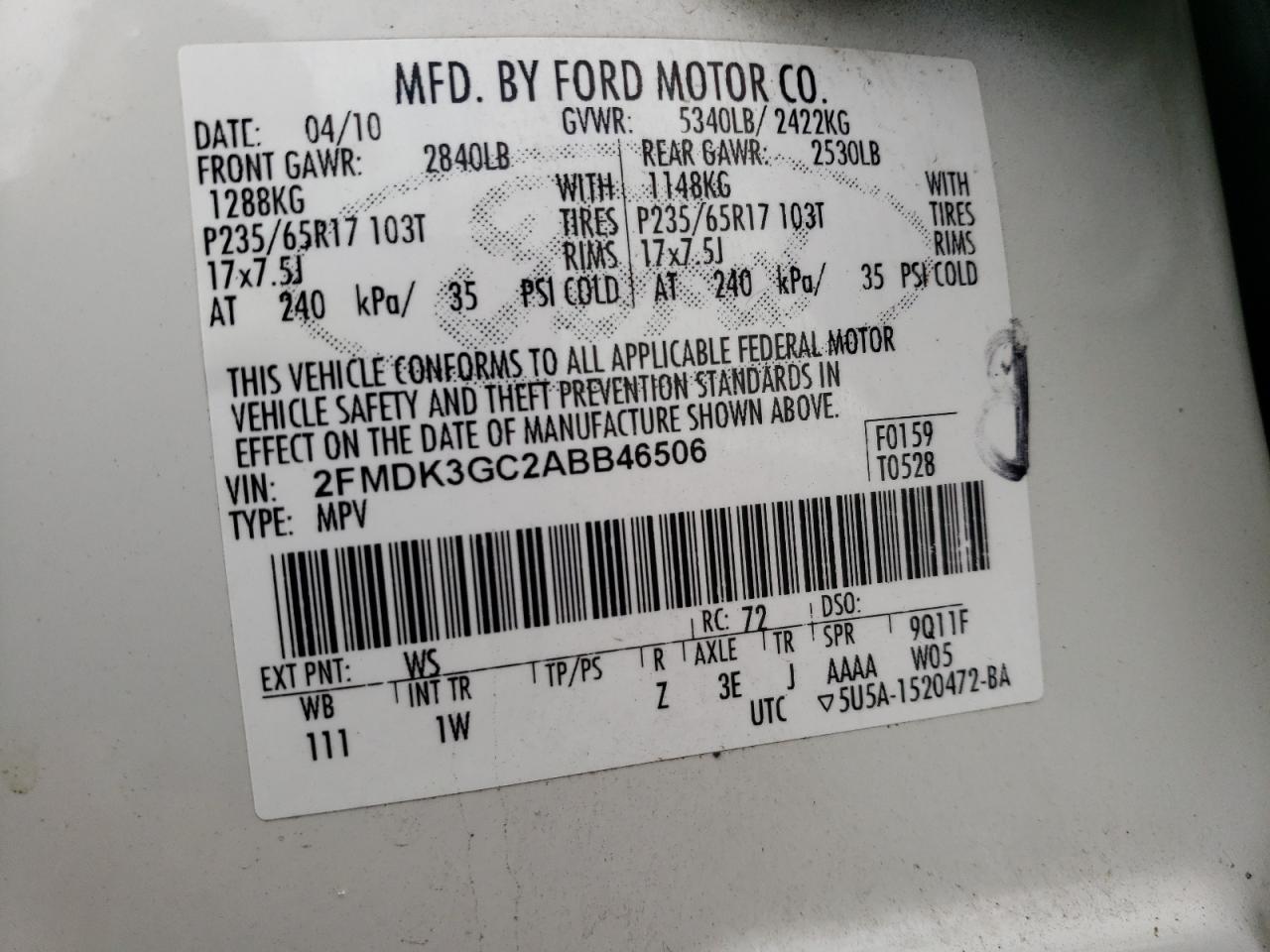 2FMDK3GC2ABB46506 2010 Ford Edge Se