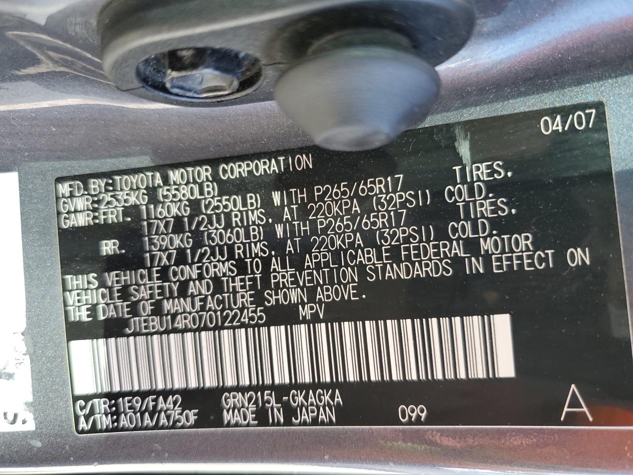 JTEBU14R070122455 2007 Toyota 4Runner Sr5