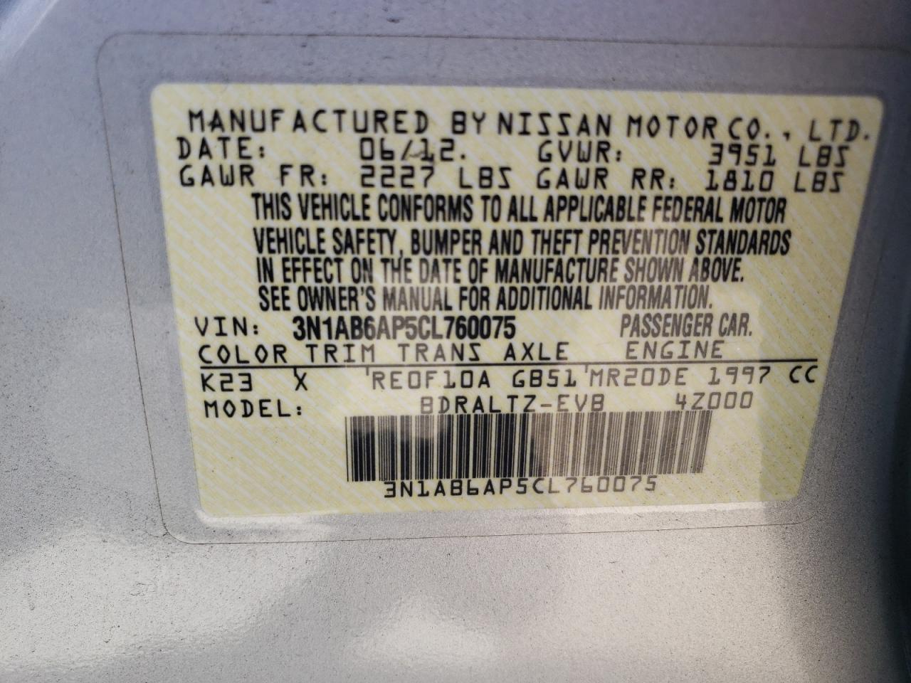 3N1AB6AP5CL760075 2012 Nissan Sentra 2.0